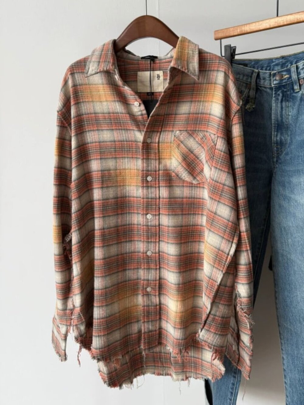 R13 NWOT Shredded Seam Bleach Orange Plaid XS
